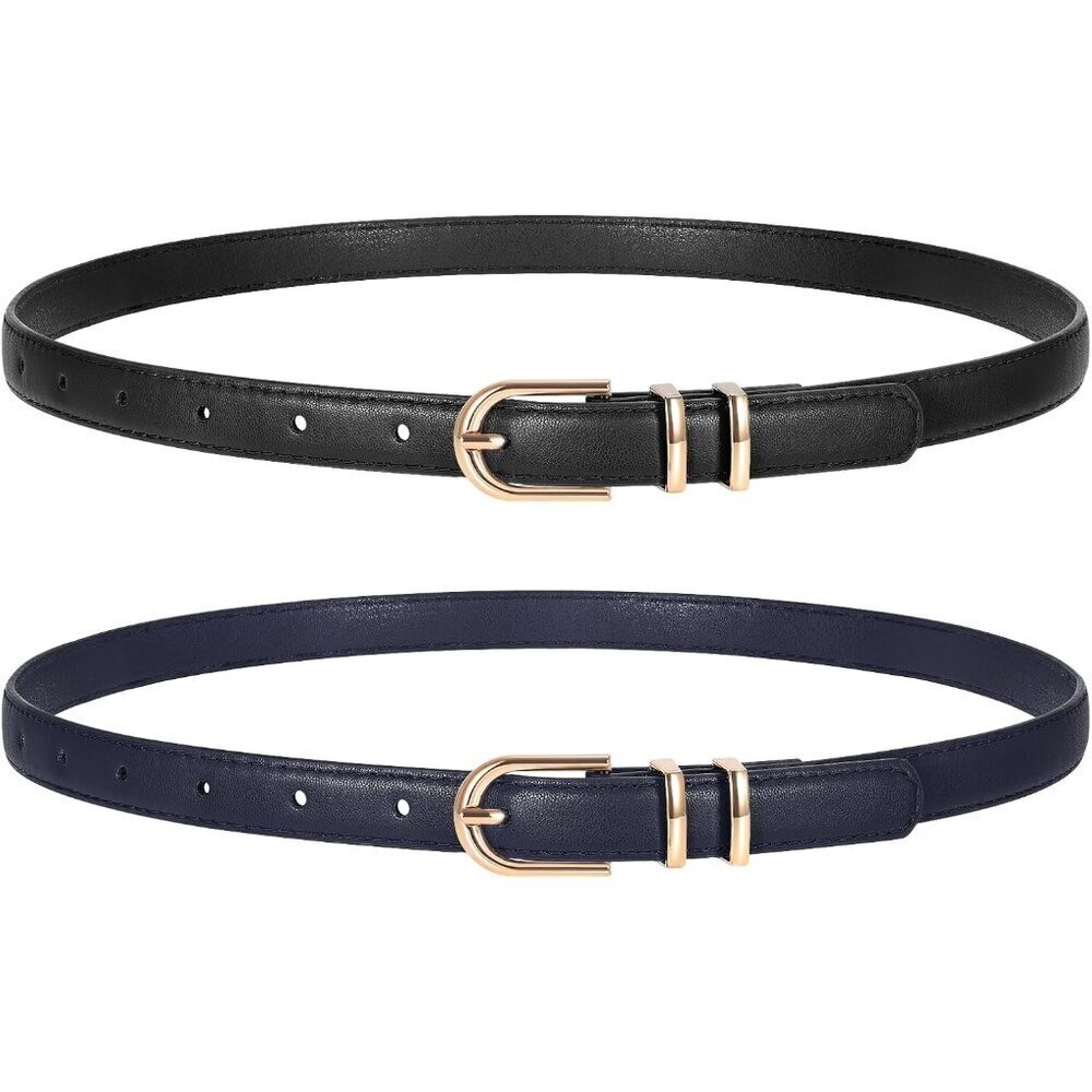 2 Pack Women's Skinny Leather Belts Black Navy Blue Thin Faux with Gold Buckle